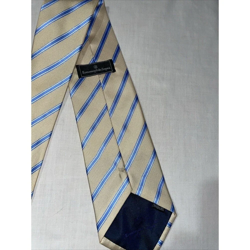 Ermenegildo Zegna Men’s Dress Tie Size 58” Ivory Blue Striped Business Formal
